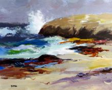 DONALD McINTYRE acrylic - waves breaking onto beach with headland in background, Attic Gallery label