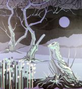 GOMER LEWIS acrylic on canvas - moonlit landscape, entitled verso 'Ghostly Night-Purple Moon',