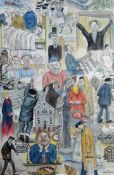 DAVID HUGHES mixed media - a depiction of all the characters from Under Milk Wood by Dylan Thomas,