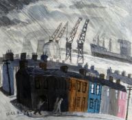 NICK HOLLY mixed media - figures walking along terraced street with docks in background, entitled