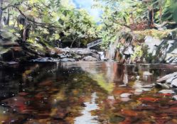 ALED PRICHARD JONES pastel - expansive view of a woodland river entitled verso 'Fisherman's
