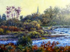 DAVID GRIFFITHS oil on board - view of the Pritchard and JasperTower at Llandaff Cathedral from