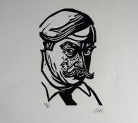 SIR KYFFIN WILLIAMS RA limited edition (58/85) linocut - self portrait of the artist, (unframed)