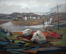 JOHN ELWYN oil on canvas - figures walking along a path with village in background, Martin Tinney