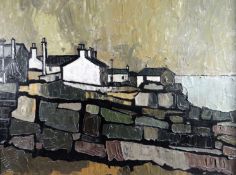 WILF ROBERTS oil on canvas - village scene from behind stone wall with a view of the coast, signed