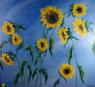 W PHILLIPS oil on canvas - large vibrant still life of sunflowers with a blue background, Attic