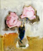 WILL ROBERTS oil on canvas - still life entitled verso 'Pink Roses in a Glass', signed with initials