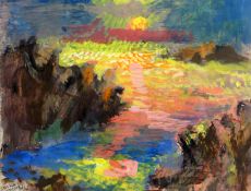 RAY HOWARD-JONES gouache - entitled verso 'Sun, Sea over Grey', signed, 7 x 9 ins (17 x 22 cms)