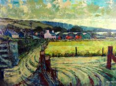 HYWEL HARRIES oil on board - fields with farm buildings in background together with village