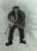 SIR KYFFIN WILLIAMS RA - watercolour and pencil - farmer wearing cap and holding shotgun entitled