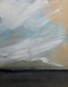 ROGER CECIL mixed media - three distant hiker figures in a valley landscape with mountains beyond,