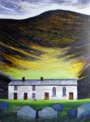 OGWYN DAVIES artists proof - gravestones and chapel with mountains in background superimposed with