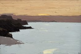 SIR KYFFIN WILLIAMS RA oil on canvas - expansive view of coastline with rocks and sunset in