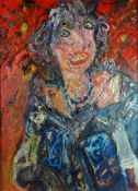 JOHN UZZELL EDWARDS oil on canvas - large abstract of a female figure based on fancy dress at a