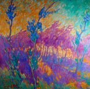 GWYN WILLIAMS oil on canvas - vibrantly coloured wooded scene, signed, 36 x 36 ins (92 x 92 cms)