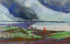 GWILYM PRICHARD mixed media - fisherman in a storm, signed and entitled label verso 'Coastal Scene
