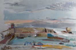 RAY HOWARD-JONES gouache - walled harbour with moored sailing boats and sea breaking against harbour