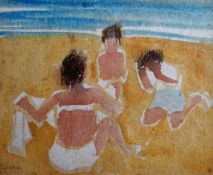 CLAUDIA WILLIAMS watercolour - three ladies on a beach, signed 'Claudia' and entitled label verso '