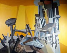 GOMER LEWIS acrylic on canvas - semi abstract/landscape, entitled verso 'Chairs', signed and dated