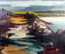 DONALD McINTYRE early oil on canvas - rocky coastalscape, signed in full and having an abstract