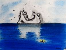 IWAN BALA charcoal and pastel on paper - Welsh political statement with an outline of Wales