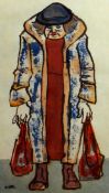KAREL LEK watercolour and ink - elderly woman with carrier bags, Oriel Tegfryn Gallery label verso