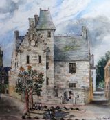 MARY TRAYNOR watercolour - French town square with figures standing under trees in front of town