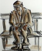 MIKE JONES mixed media - male figure sat on park bench, signed, 10 x 8 ins (26 x 21 cms)