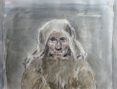 SIR KYFFIN WILLIAMS RA watercolour and pencil - head and shoulders of a nun, Albany Gallery label