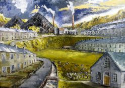 NIGEL MORGAN oil on board - iconic South Wales valley scene of terraced houses with rugby pitch
