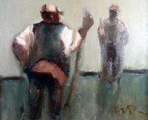 WILL ROBERTS oil on canvas - two farmers with sticks chatting, Attic Gallery label verso, signed and