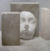 DAVID KNIGHT oil on canvas - still life of a ceramic mask and blocks, entitled verso 'Relic'
