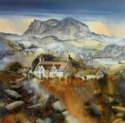 GILLIAN McDONALD limited edition (538/850) print - farmhouse with lake and mountains in