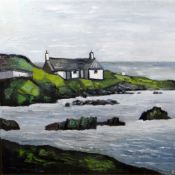 TONY WOODING oil on canvas - seascape with cottage, Bull Bay, Anglesey, signed and entitled verso on