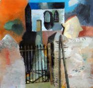 CLIVE HICKS-JENKINS acrylic on paper - Welsh chapel with gate, entitled verso 'Chapel in Cwm