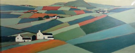 ANEURIN JONES oil on board - farm buildings with cultivated fields to background and other