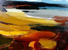 DONALD McINTYRE oil on board - sandy beach with water lapping coastline, entitled verso 'Dolan,