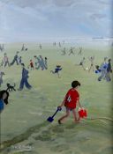 NICK HOLLY oil on canvas - figures playing on the beach, Albany Gallery label verso entitled '