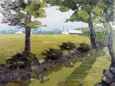 WILF ROBERTS oil on canvas - landscape with cottage and trees entitled on Thompson's of Marylebone