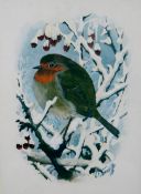 CHARLES FREDERICK TUNNICLIFFE watercolour - study of a robin perched on snowy branches, signed, 9.