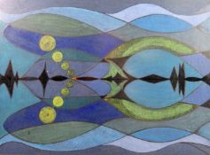 PHILLYS JONES ink and gouache - stylised landscape entitled verso 'Llyn Llech Owain, Gors Las',