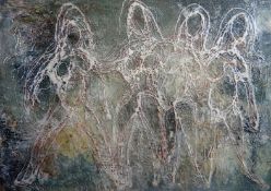 ALEX GRACE oil on board - four silhouetted abstract nude females, signed and dated '68, 14.5 x 20.