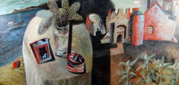 CLIVE HICKS-JENKINS acrylic on panel - still life with toy theatre entitled 'Painting for a Child'