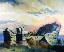 GOMER LEWIS acrylic on canvas - old ruins at sunset, unsigned (unframed), 30 x 26 ins (66 X 92 cms)