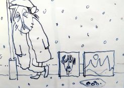 SIR KYFFIN WILLIAMS RA ink drawing - self-portrait of the despondent looking artist leaning