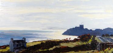 ALED PRICHARD JONES oil on canvas - North Wales coast with cottage distant castle, entitled verso '