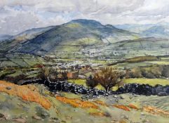 ROY MASON watercolour - view down into valley from mountainside with village in distance, entitled