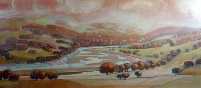 R SCARFF oil on board - view of River Conwy from Henryd, signed and dated 1972, 35 x 15.5 ins (89