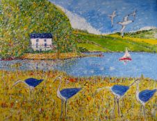 GWYNNE ROBINS oil on canvas - herons wading on lake shore with cottage in background entitled