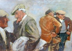 ANEURIN JONES oil on board - group of four farmers chatting, signed verso and dated 1983, 8.5 x 12